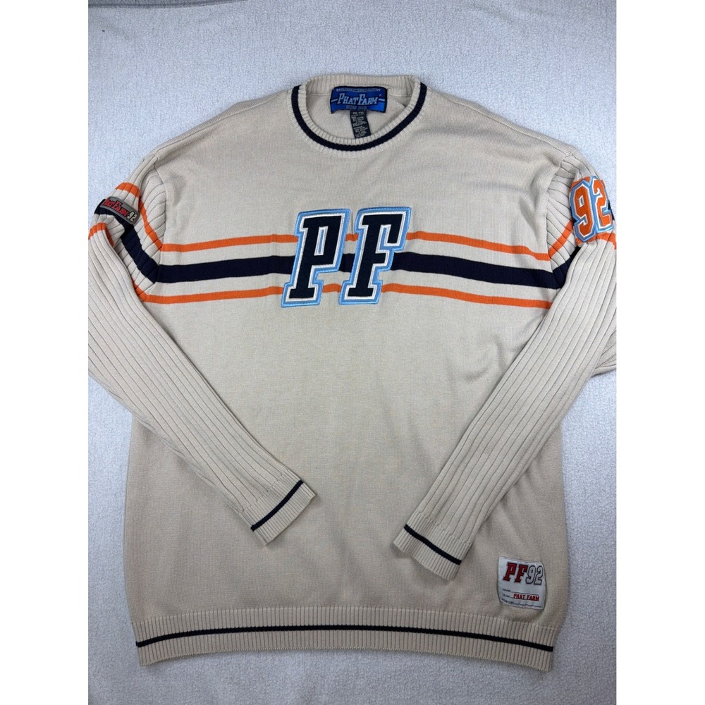 Vintage Phat Farm Mens XXL Cream Varsity Stripe Crewneck Sweater Hip Hop 90s PF